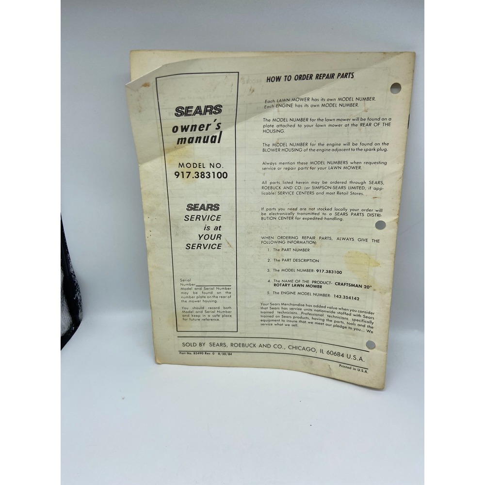 Craftsman Lawn Mower Owners Manual 917383100 Rear Bagger 20 Inch 1984 Vintage - Picture 3 of 9